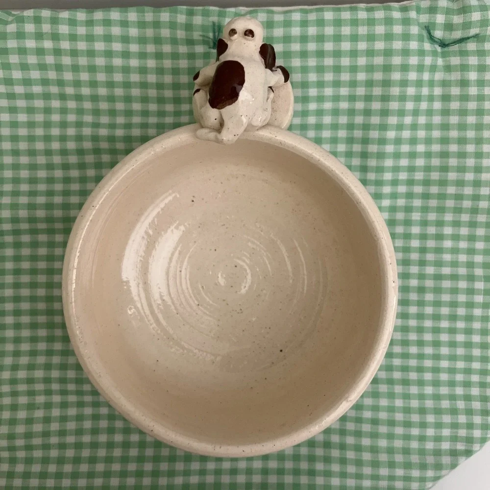 Sm Dog‎ Food Water Bowl White Dog Brown Spots Glazed Studio Pottery Signed 5